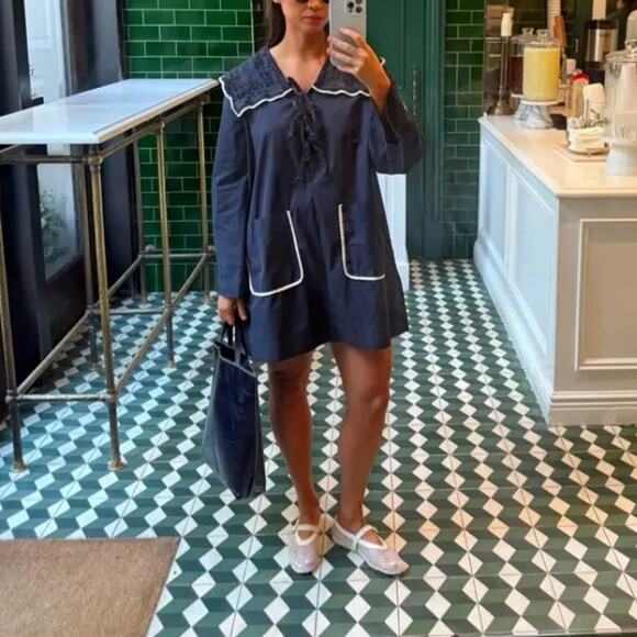 SEA Blue Mini Shift Dress SMALL Nautical Anime Cottage Embroidered Designer $400 - Picture 5 of 12